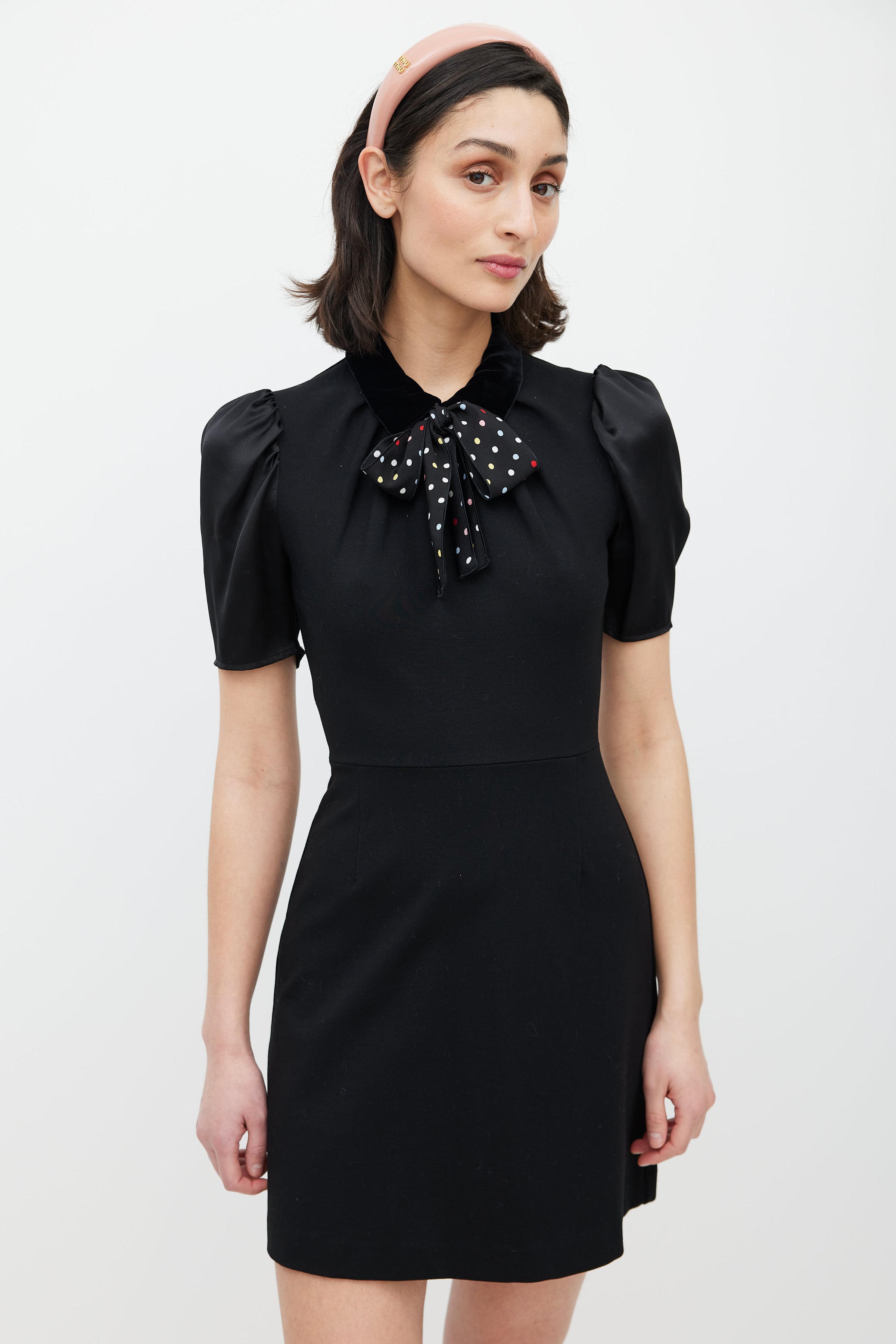 Miu Miu // Black Puffed Sleeve Polka Dot Belted Dress VSP Consignment Miu Miu // Black Puffed Sleeve Polka Dot Belted Dress VSP Consignment