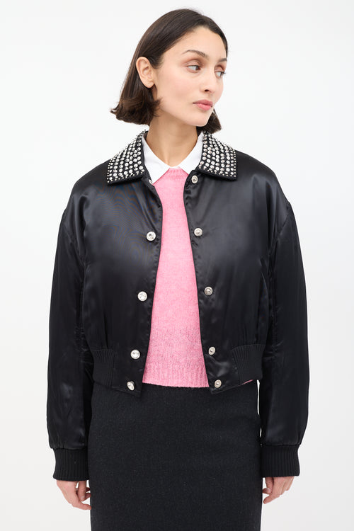 Miu Miu Black Satin Embellished Bomber Jacket