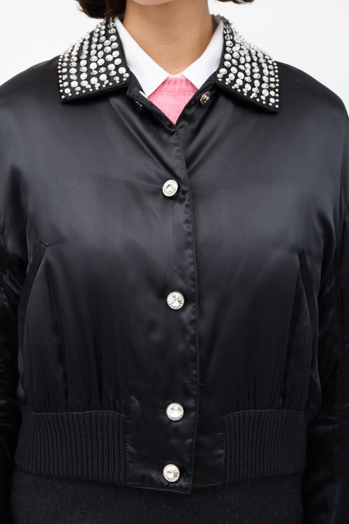 Miu Miu Black Satin Embellished Bomber Jacket