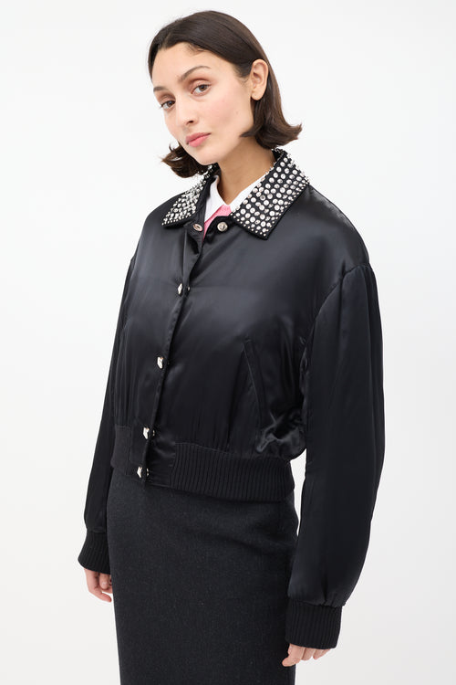 Miu Miu Black Satin Embellished Bomber Jacket