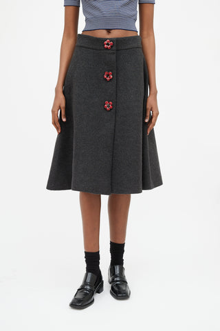 Miu Miu Dark Grey & Red Floral Embellished Skirt