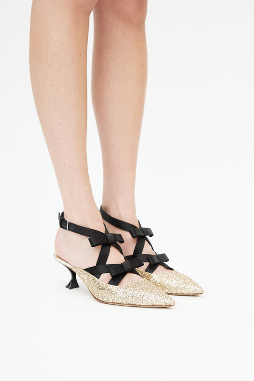 Miu Miu Gold & Black Pointed Toe Bow Heel