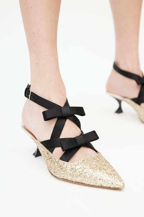 Miu Miu Gold & Black Pointed Toe Bow Heel