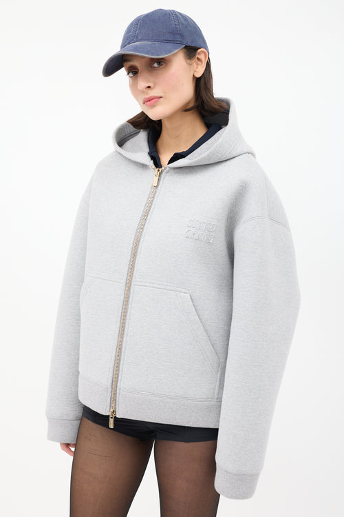 Miu Miu Heather Grey Cotton Embroidered Zip Hoodie