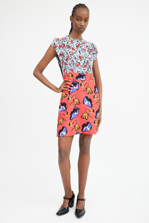 2014 Light Blue Red & Multicolour Floral Contrast Dress