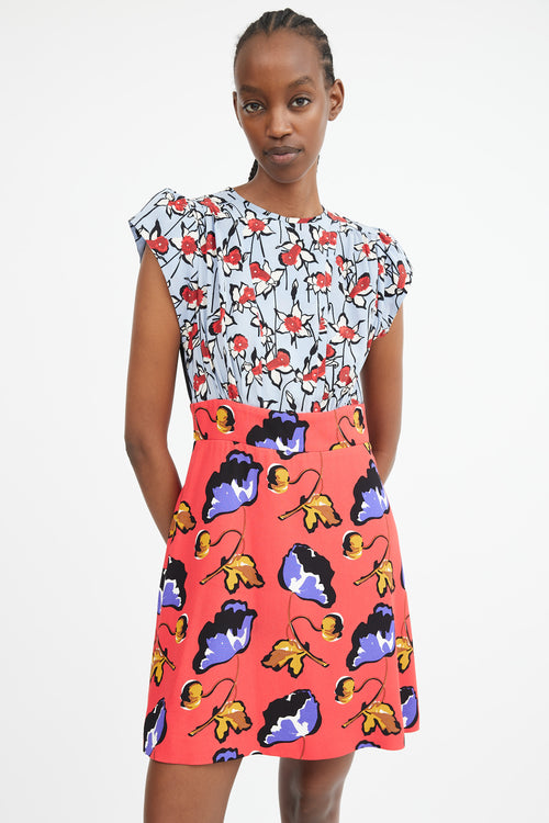 2014 Light Blue Red & Multicolour Floral Contrast Dress