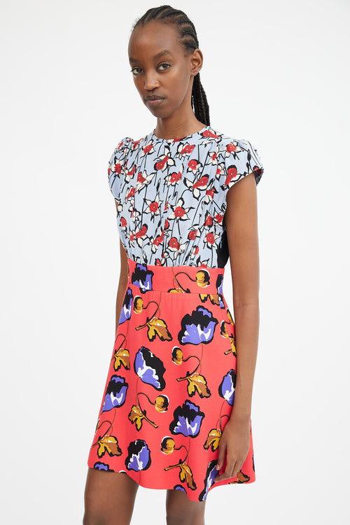 2014 Light Blue Red & Multicolour Floral Contrast Dress