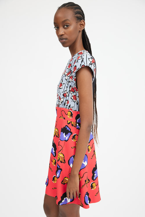 2014 Light Blue Red & Multicolour Floral Contrast Dress