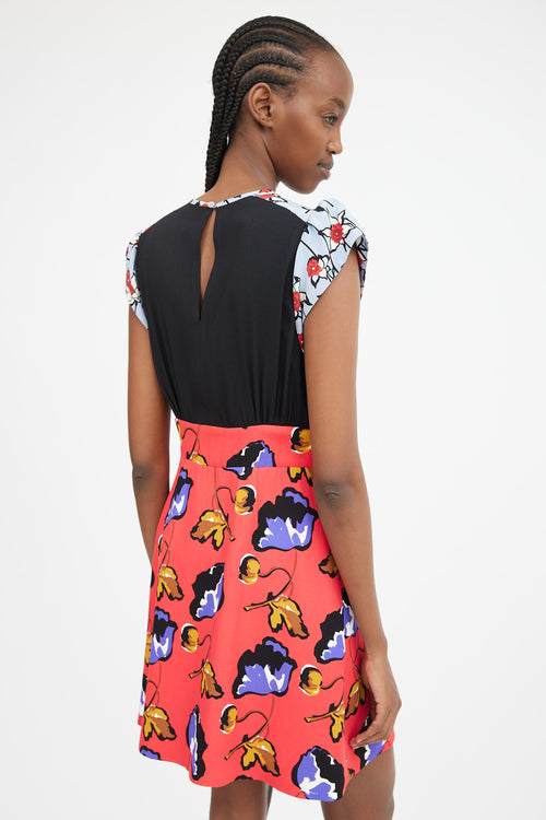2014 Light Blue Red & Multicolour Floral Contrast Dress