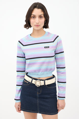 Miu Miu Light Blue & Multicolour Sparkly Striped Cropped Sweater