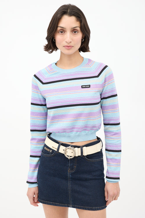 Miu Miu Light Blue & Multicolour Sparkly Striped Cropped Sweater