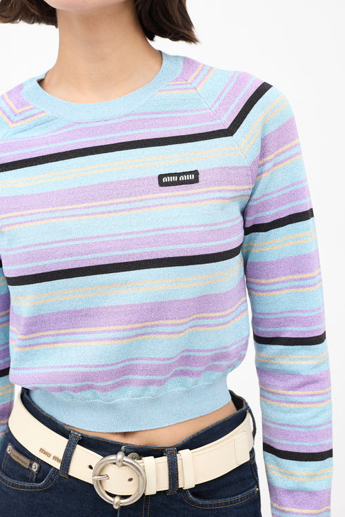 Miu Miu Light Blue & Multicolour Sparkly Striped Cropped Sweater