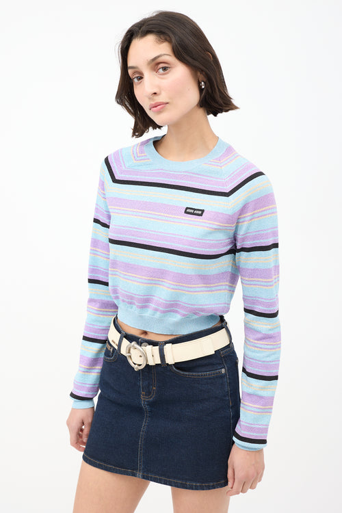 Miu Miu Light Blue & Multicolour Sparkly Striped Cropped Sweater