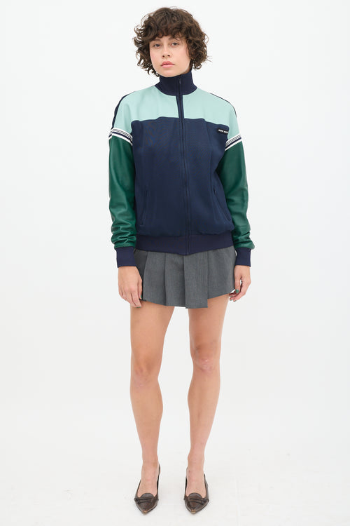 Miu Miu Navy & Green Leather Bomber Jacket