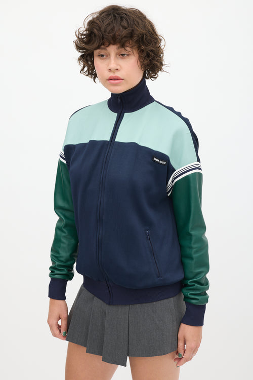 Miu Miu Navy & Green Leather Bomber Jacket