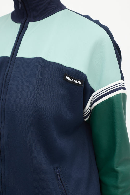 Miu Miu Navy & Green Leather Bomber Jacket