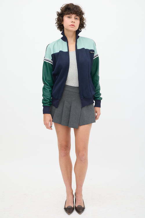 Miu Miu Navy & Green Leather Bomber Jacket