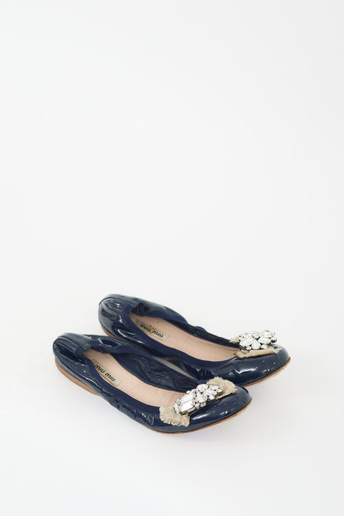 Miu Miu Navy & Multicolour Patent Leather Jewel Flat