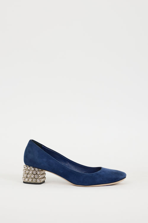 Miu Miu Navy & Silver Suede Jewel Pump
