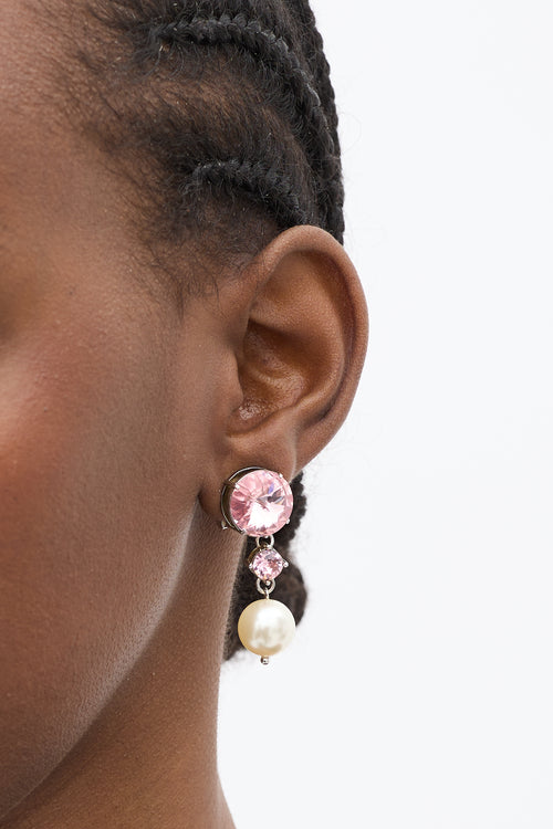 Miu Miu Pink Crystal & Faux Pearl Clip On Earrings