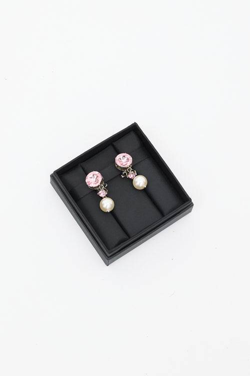 Miu Miu Pink Crystal & Faux Pearl Clip On Earrings