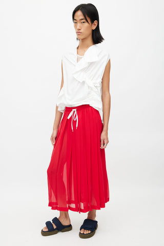Miu Miu Red Silk Pleated Drawstring Skirt