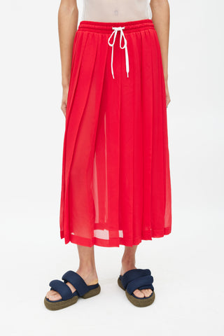 Miu Miu Red Silk Pleated Drawstring Skirt