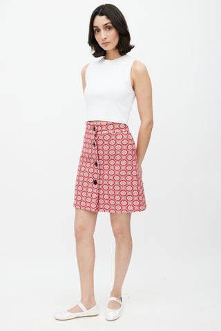 Miu Miu Red & White Floral Woven Skirt