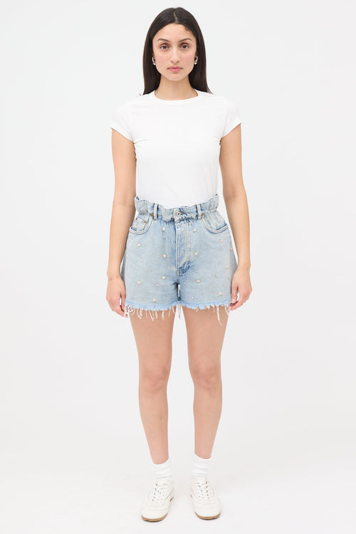 Miu Miu Rose Embroidered Denim Shorts