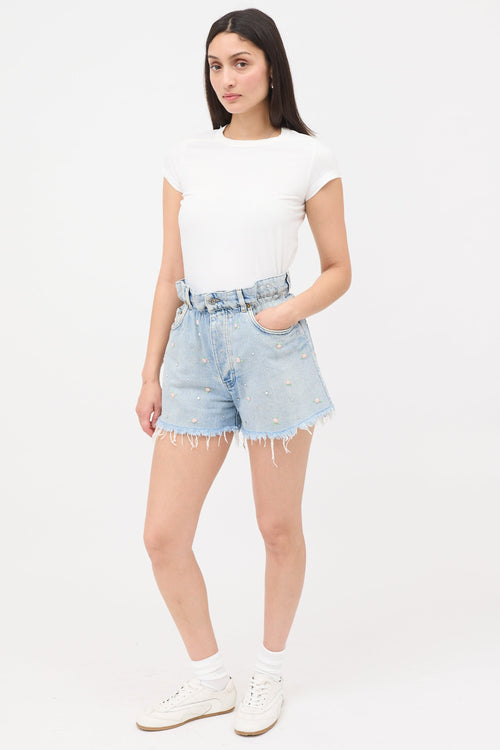 Miu Miu Rose Embroidered Denim Shorts