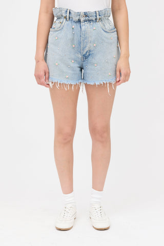 Miu Miu Rose Embroidered Denim Shorts