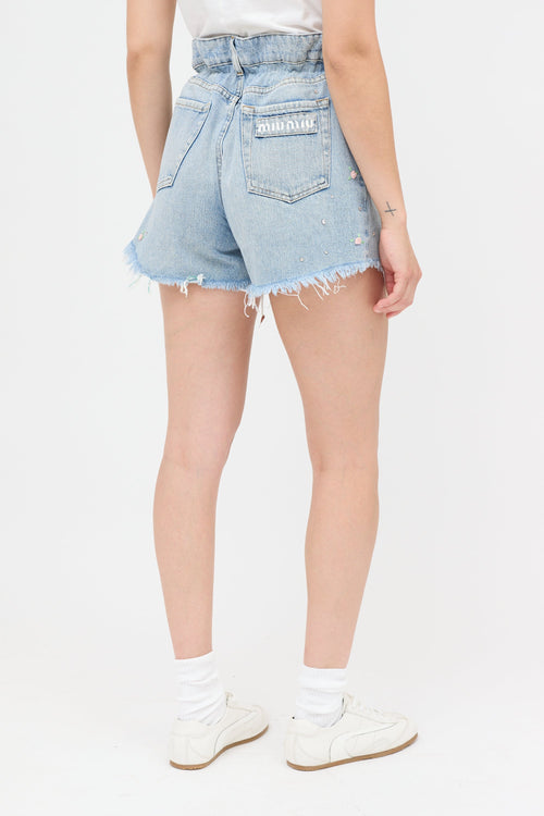 Miu Miu Rose Embroidered Denim Shorts