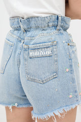 Miu Miu Rose Embroidered Denim Shorts