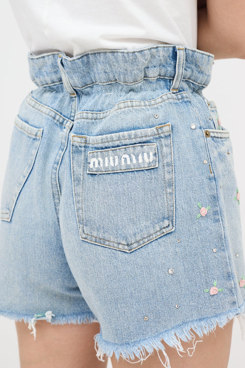 Miu Miu Rose Embroidered Denim Shorts