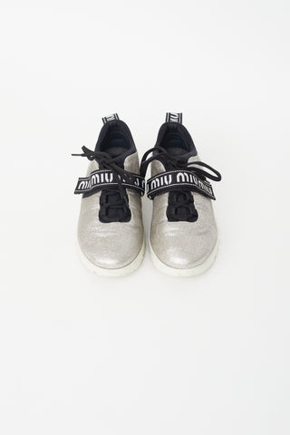 Miu Miu Silver Leather Logo Strap Sneaker