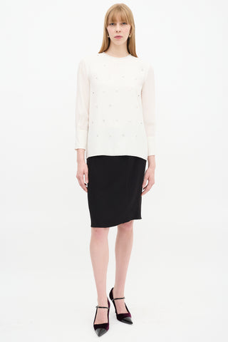 Miu Miu White Silk Embellished Long Sleeve Top