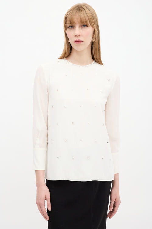 Miu Miu White Silk Embellished Long Sleeve Top