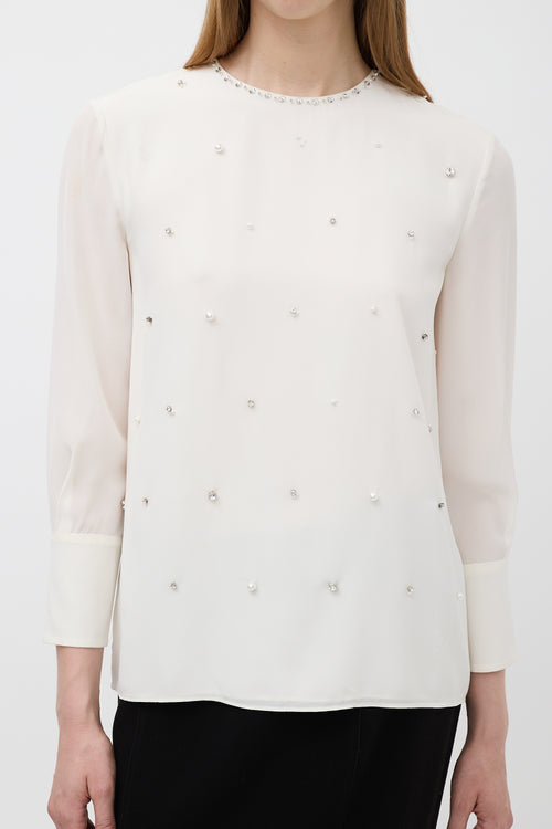 Miu Miu White Silk Embellished Long Sleeve Top