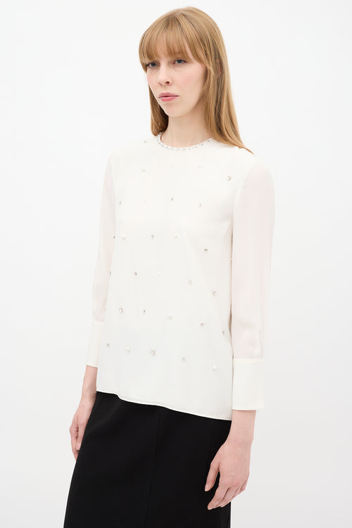 Miu Miu White Silk Embellished Long Sleeve Top