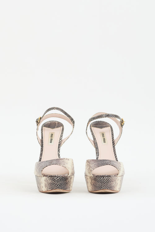 Miu Miu Beige & Grey Embossed Leather Platform  Heel