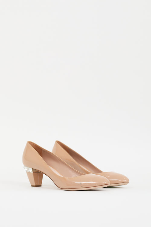 Miu Miu Beige Patent Leather Crystal Pump