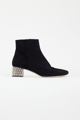 Miu Miu Black Suede & Crystal Embellished Heel Boot
