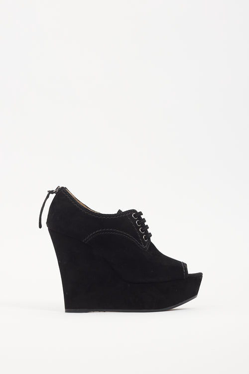 Miu Miu Black Suede Peep Toe Wedge Boot