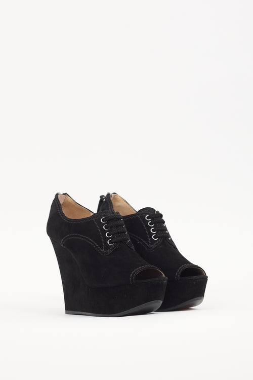 Miu Miu Black Suede Peep Toe Wedge Boot