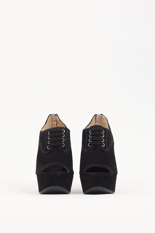 Miu Miu Black Suede Peep Toe Wedge Boot