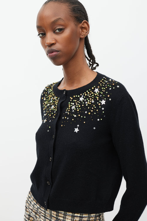 Miu Miu Black & Multicolour Crystal & Star Embellished Cardigan