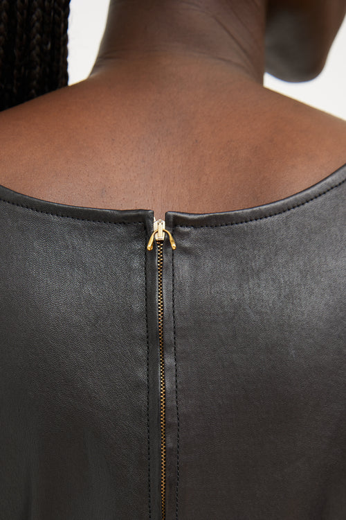 Miu Miu Black Leather Short Sleeve Midi Dress