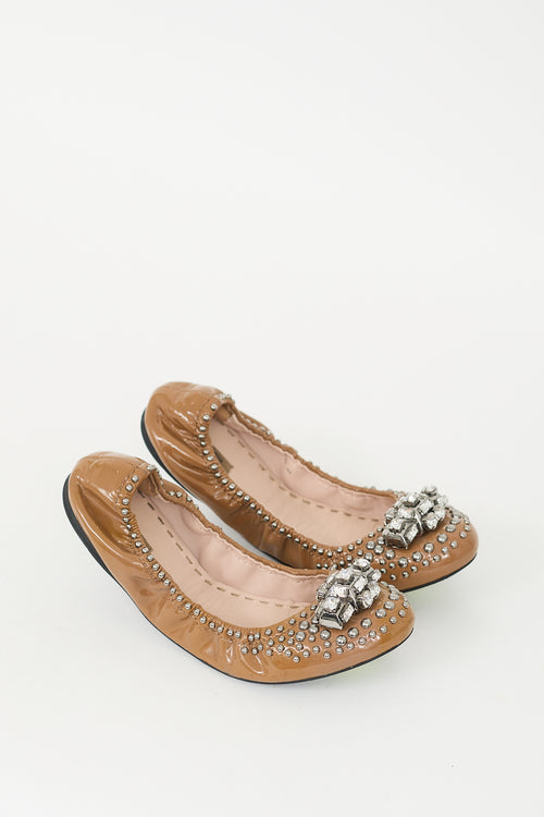 Miu Miu Brown Patent Leather Embellished Flat