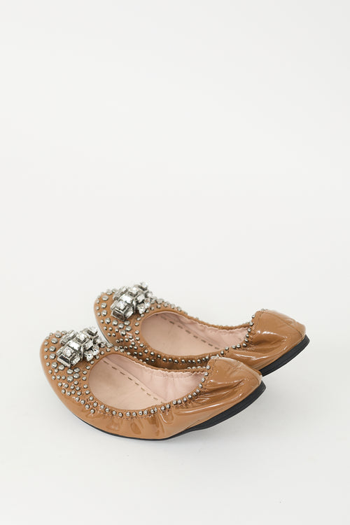 Miu Miu Brown Patent Leather Embellished Flat