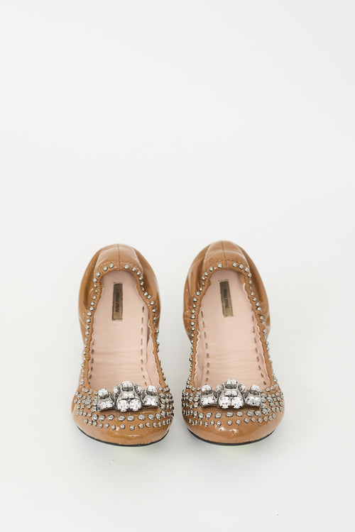 Miu Miu Brown Patent Leather Embellished Flat